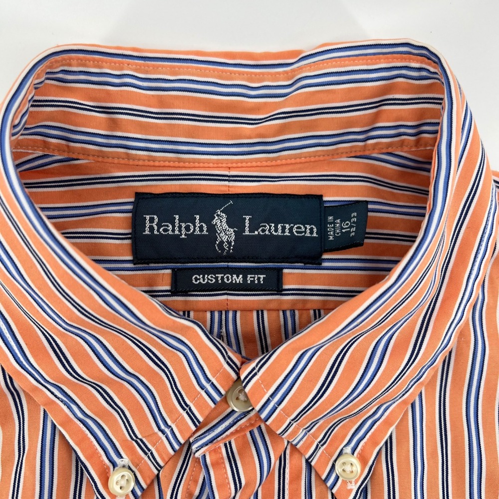 Ralph Lauren Custom Fit Orange Blue Stripe Button Down Shirt Men Size 16 32/33 - Picture 4 of 8